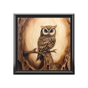 Owl Jewelry Box, Keepsake Box - wood & ceramic tile top,  owl wood grain, night owl, raptor predator, wise owl, gift for bird lover, 6&quot; x 6&quot;