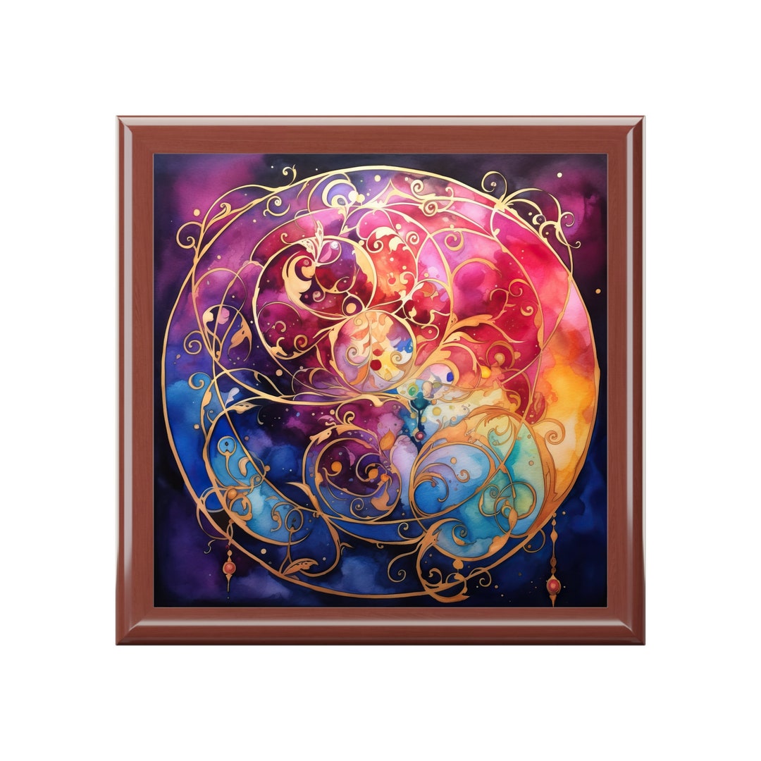 Gold Circle Jewelry Box Keepsake Box Wood & Ceramic Tile Etsy