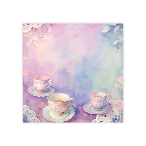 May include: Watercolor illustration of three teacups and saucers on a pastel background. The teacups are pink with floral designs, resting on light blue saucers. The background features a blend of pink, purple, and blue hues, with decorative lace elements.