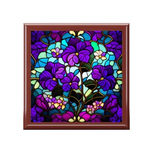 Violets Jewelry Box, Keepsake Box - Wood & Ceramic Tile Top - Purple ...