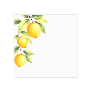 May include: Watercolor illustration of lemons on a branch with green and yellow leaves. The lemons are bright yellow and the leaves have a gradient of green and yellow. The image is on a white background.