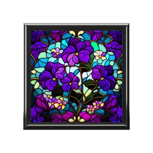 Violets Jewelry Box, Keepsake Box - wood & ceramic tile top - purple violets, faux stained glass, floral, gift for violet lovers - 6" x 6"