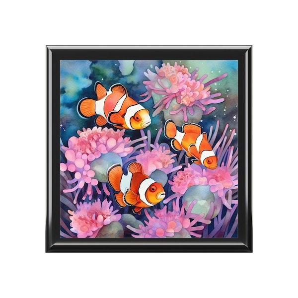 Clownfish Jewelry Box, Keepsake Box - wood & ceramic tile top - clown fish, pink coral reef, anemone, sea life - 6" x 6"