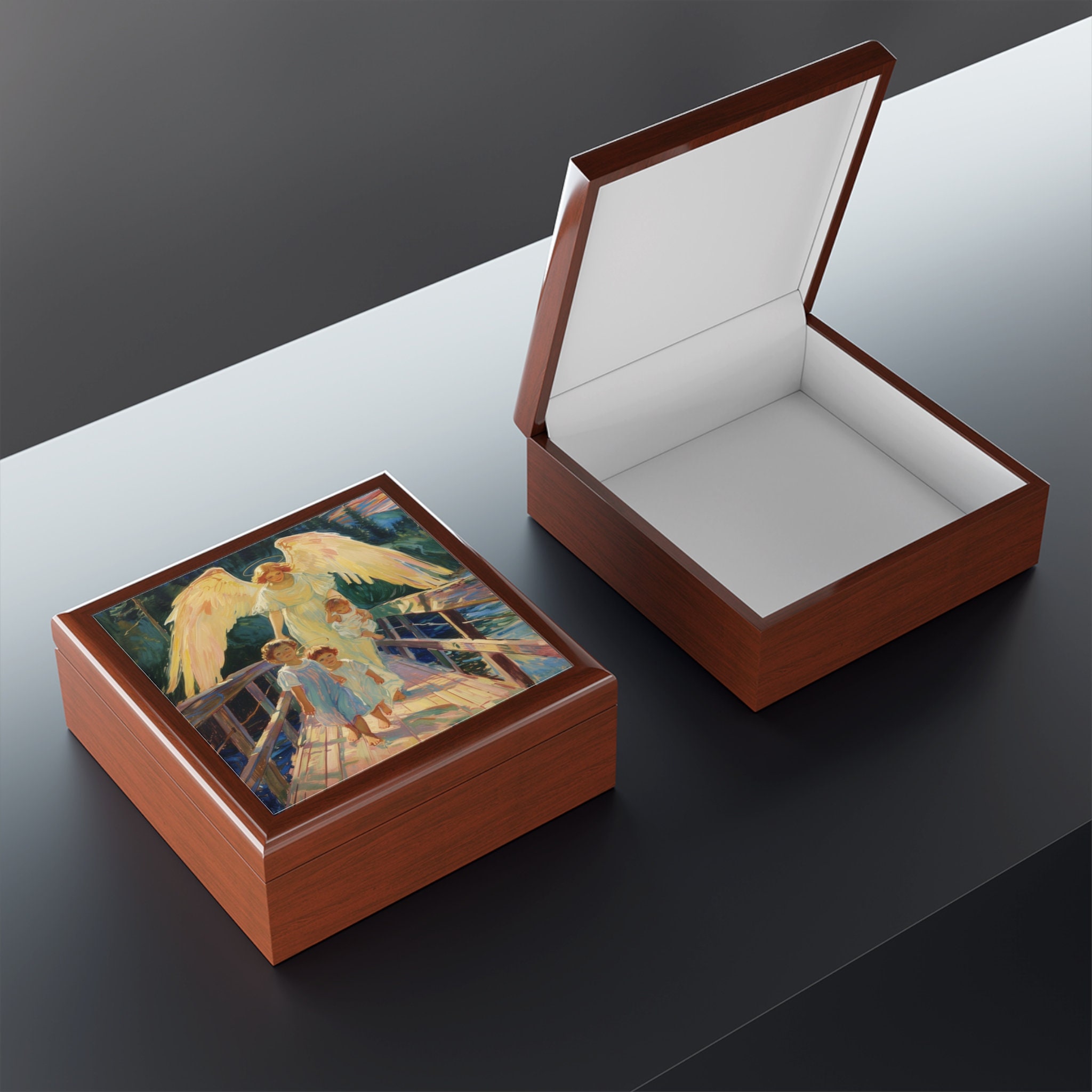Bridge Angel Jewelry Box, Keepsake Box - Wood & Ceramic Tile Top ...