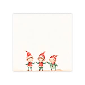 May include: Watercolor illustration of three Christmas elves holding hands. Each elf wears a red and white striped hat, a red or green tunic, and green pants. The background is a soft, off-white color.