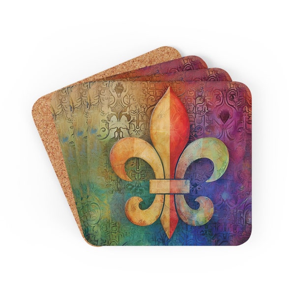 Fleur de Lis Coaster Set, cork-back, corkwood coaster, mardi gras, party, gift for fleur de lis lovers, set of 4