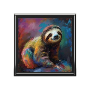 Sloth Jewelry Box, Keepsake Box - wood & ceramic tile top - sloth portrait, rainbow colors, oil painting, gift for sloth lover - 6&quot; x 6&quot;