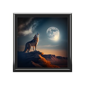 May include: A wolf howls at the full moon in a desert landscape. The wolf is standing on a rocky cliff with a dark sky and clouds in the background.