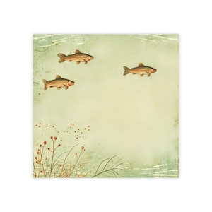 May include: A square paper with a vintage design featuring three brown fish swimming across a light green background. The bottom left corner has illustrations of brown grass and red berries.