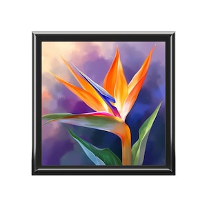 Bird of Paradise Jewelry Keepsake Box - wood & ceramic tile top - orange purple floral tropic, dreamy style, gift for flower lover - 6&quot; x 6&quot;