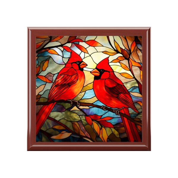 Cardinals Jewelry Box - Wood & Ceramic Tile Top - Red Cardinal Couple, gift for cardinal lovers, red birds, redbirds - 6" x 6"