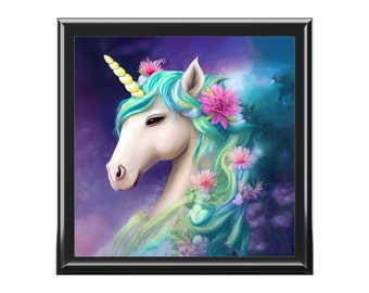 Unicorn Jewelry Box, Keepsake Box - wood & ceramic tile top - flowing floral mane, purple, blue hair, gift for unicorn lovers,  - 6" x 6"