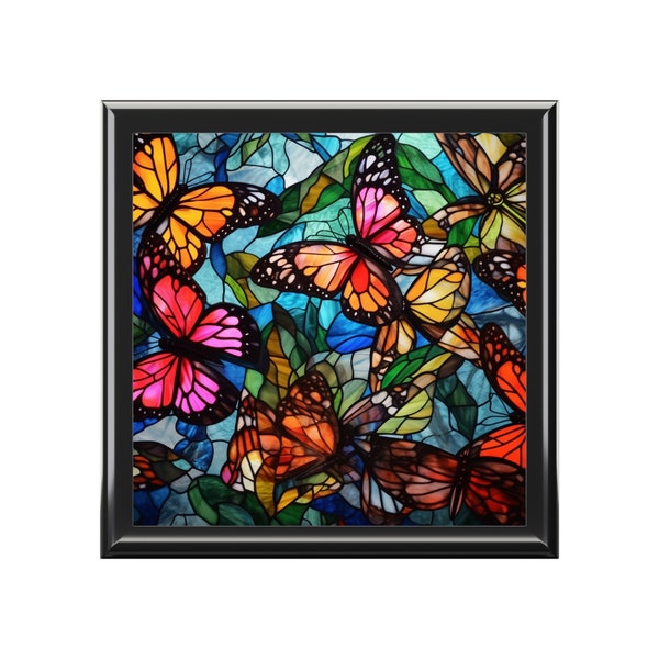 Butterflies Jewelry Box, Keepsake Box - Wood & Ceramic Tile Top - Stained Glass Style, gift for butterfly lovers - 6" x 6"