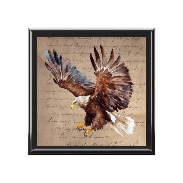 Bald Eagle Jewelry Box, Keepsake Box - wood & ceramic tile top - bald eagle, vintage script, gift for eagle lovers  - 6" x 6"