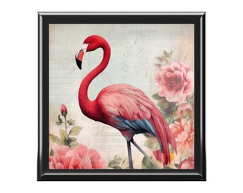 Flamingo Jewelry Box, Keepsake Box - wood & ceramic tile top - vintage style, floral, great gift for flamingo lovers - 6" x 6"