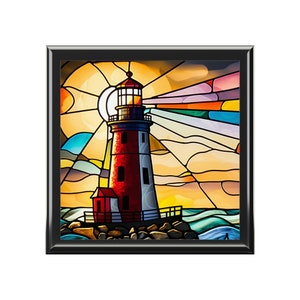 Lighthouse Jewelry Box, Keepsake Box - wood & ceramic tile top - guiding light, faux stained glass, gift for lighthouse lovers - 6&quot; x 6&quot;