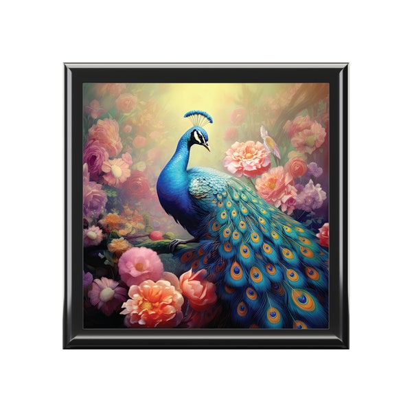 Peacock Jewelry Box, Keepsake Box - wood & ceramic tile top - floral, golden light, fantasy peacock, gift for peacock lovers - 6" x 6"