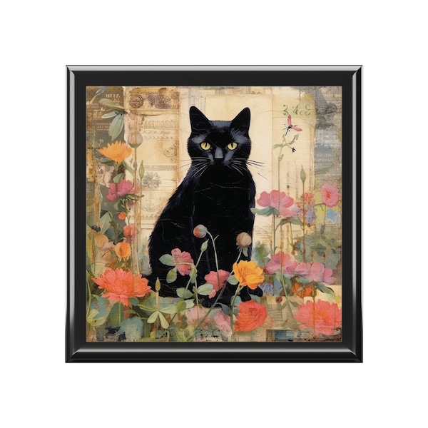 Black Cat Jewelry Box, Keepsake Box - wood & ceramic tile top - vintage style, great gift for cat lovers - 6" x 6"