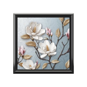 Magnolias Jewelry Box, Keepsake Box - wood & ceramic tile top - 3D style, pastel art, magnolia blossoms, gift for flower lovers - 6" x 6"