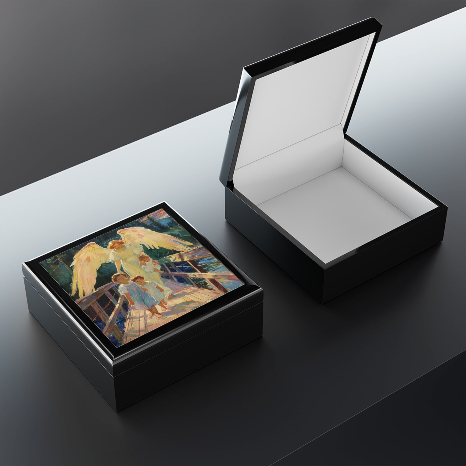 Bridge Angel Jewelry Box, Keepsake Box - Wood & Ceramic Tile Top ...