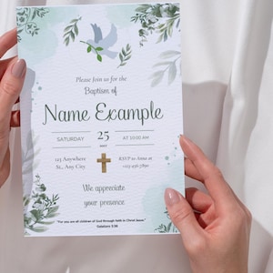 Lot de cartes d'invitation de baptême – imprimées 5 x 7 | Colombe aquarelle et verdure | Galates 3:26 Écriture sainte | Semi-brillant | Texte personnalisé | Ensemble de 10+