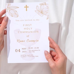 Invitation personnalisée de communion | Carte 5 x 7 imprimée personnalisée | Souvenir catholique | Papier cartonné semi-brillant