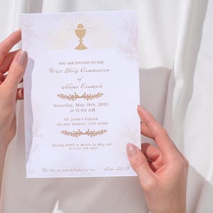 Faire-part de première communion personnalisé pour garçon ou fille | Aquarelle neutre et calice | Carte catholique 5 x 7 avec Luc 22:19