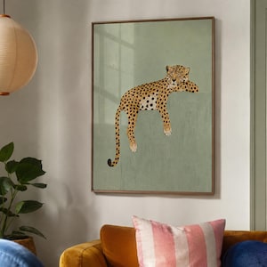 Avslappnande leopardmotiv, väggkonst i modern salviagrönt mönster från mitten av århundradet | Digital nedladdning