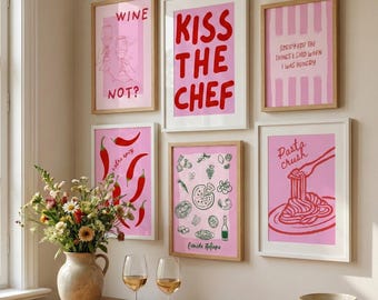 Set of 6 Mid Century Modern Kitchen Prints, Pink Red Gallery Wall (Digital Download)