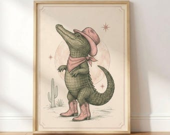 Whimsical Alligator in Pink Boots Nursery Wall Art, Western Kids Room Print | Digital Download