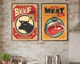 Vintage Butcher Meat Prints, Retro Beef Wall Art, Farmhouse Decor | Digital Download