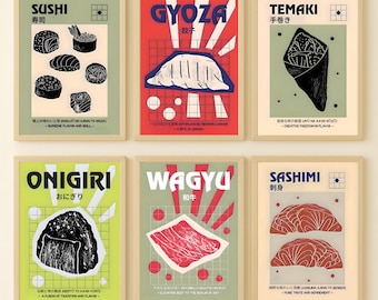 Japanese Food Poster Set of 6 – Sushi Wall Art & Asian Kitchen Prints | Digital Download