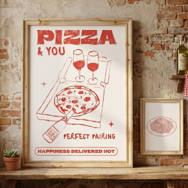Retro pizzaaffisch, italiensk kökskonst, pizzeriarestaurangdekor (digital nedladdning) bild 1