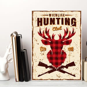 Vintage Western Poster: Red Plaid Deer Head Art (Digital Download)