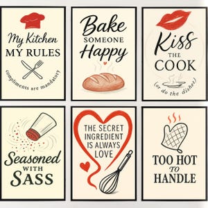 Kitchen Quote Print Set: Humorous Cooking Posters, Modern Retro Art (Digital Download)