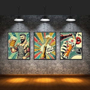 Retro Beer Pop Art Posters - Set of 3 - Bar & Man Cave Decor (Digital Download)