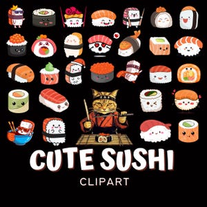 Pacote de clipart de sushi kawaii fofo: 30 ilustrações de comida japonesa para adesivos e arte digital