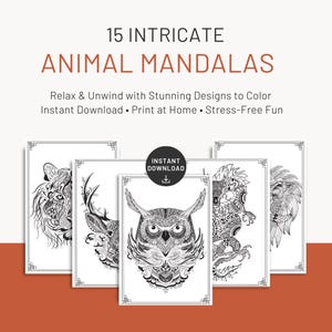 Animal Mandala Coloring Pages: 15 Intricate Designs, Stress Relief (PDF Download A4 Size)
