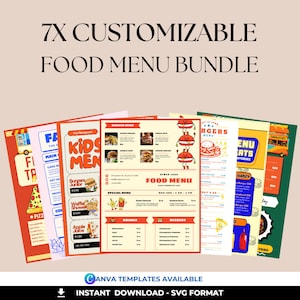 Paquete de plantillas de menú personalizables para food trucks: 7 diseños editables en Canva para comida callejera, restaurantes y menús infantiles.
