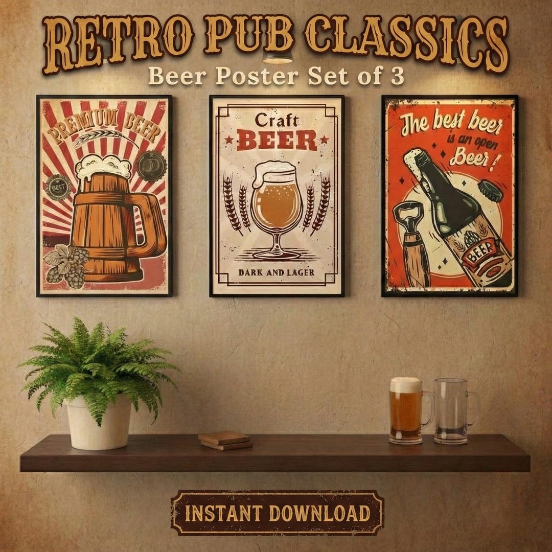 Vintage Beer Poster Set, Retro Pub Wall Art, Home Bar Decor (digital ...