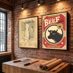 May include: Two framed vintage butcher shop signs on a brick wall. One shows a meat cuts diagram, the other reads "Best Beef Cuts" with a bull graphic. A butcher block table holds knives and paper rolls.