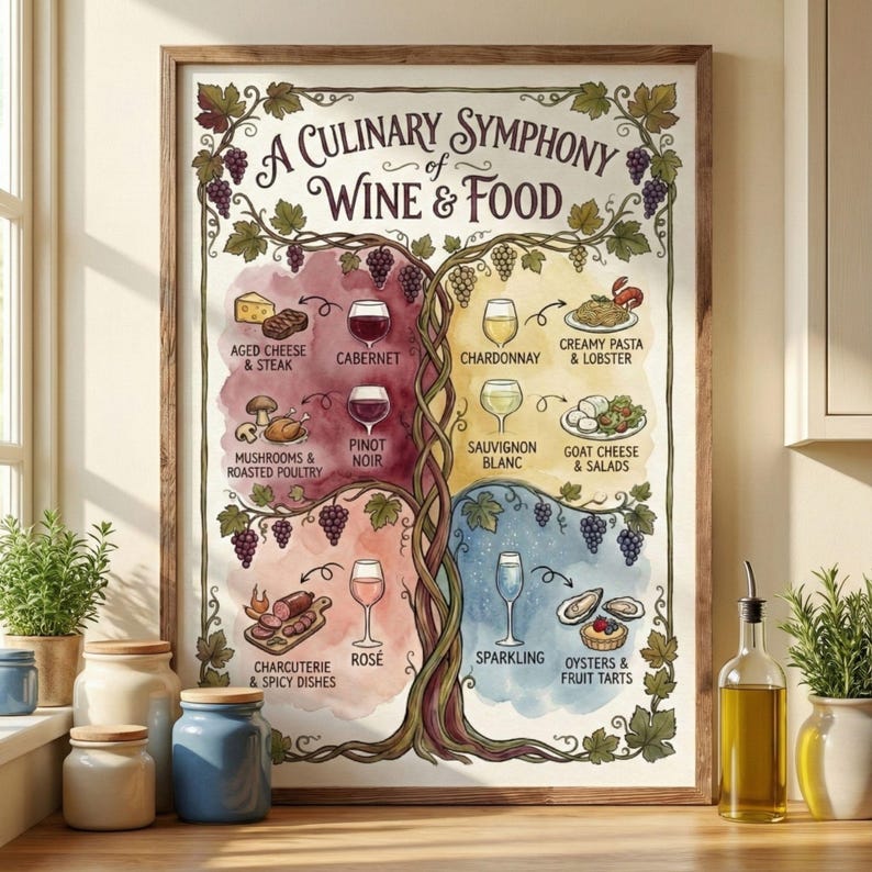 Wine Pairing Print, Food Chart & Wine Guide Poster, Italian Kitchen Art ...