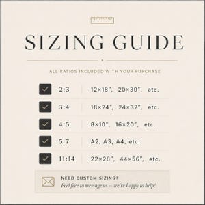 May include: A beige sizing guide with black text. The guide lists various aspect ratios, including 2:3, 3:4, 4:5, 5:7, and 11:14, with corresponding print sizes in inches. The text "SIZING GUIDE" is at the top.
