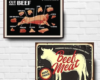 Retro Beef Cuts Poster Set: Butcher Shop Decor, Digital Download