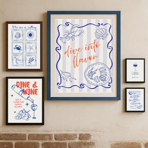 Juego de arte mural de cocina con estampados costeros de Toile de Jouy: láminas náuticas de mariscos para comedor, bistró o casa de playa / Decoración con líneas azules y blancas