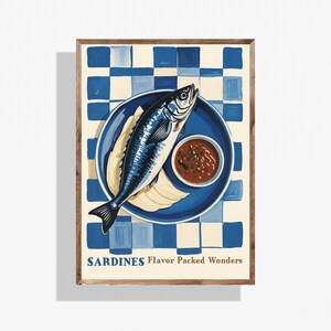 Retro Sardine Wall Art: Vintage Seafood Poster, Digital Download