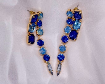 Tassel earrings for women - blue and clear crystals and gold metal. Asymmetrical earring, statement accessories.