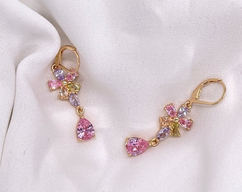 Flower earrings for women. Elegant and Feminine Dangle Crystal Earrings in Pastel Tones and Gold Plated Copper