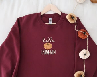 Embroidered Hello Pumpkin Sweatshirts and Hoodies | Halloween Season Crewnecks | Spooky Season | Fall Embroidery Sweatshirts