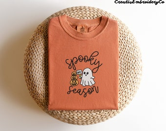 Embroidered Spooky Season Shirt | Halloween Embroidery Shirt | Cute Ghost and Funny Tees | Halloween Pumpkin Shirts | Halloween Gift Ideas